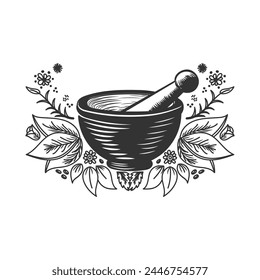 Vintage Retro Mortar and Pestle with Leaf Leaves for Herbal Medicine Illustration Design Vector