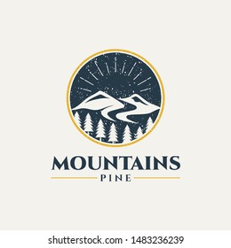 Vintage retro mountain logo.
Pine forest hill vector illustration.Emblem Style.Nature Icon