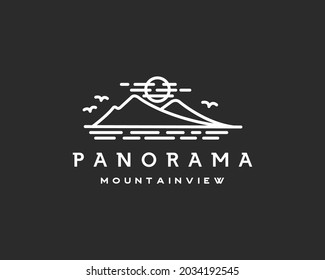 Vintage Retro Mountain Panorama Line Logo. Hipster Mountain Logo Design For Outdoor Adventure Or Tourist Attraction