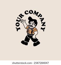 Vintage Retro Moustache Guy in Bow tie shirt Cartoon Mascot Vector Logo. Mascot Logo for restaurant, Coffee Shop or Barber Shop Company.
