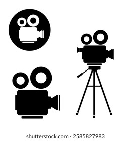 Vintage Retro Movie Camera Icon Set - Black Silhouette illustration Vector