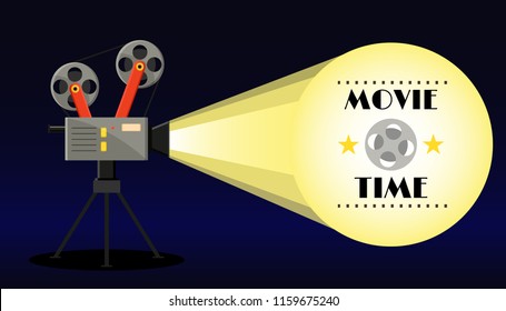 Vintage retro movie camera with light,video tape and star. Movie time banner poster. Cinema flyer. Flat cartoon vector illustration. Online cinema concept. Film-strip, cinematography, art, watching.