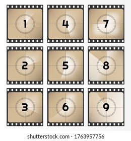 Vintage retro movie. Countdown frame out 0 to 9. Film countdown vector illustration. Old film. Vector illustration.