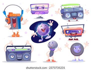 Vintage Retro Music Fictional Characters. Humanized audio objects. Radio receiver, 80s cassette, Microphone, Disco ball, Vinyl Disc, CD, Cassette player and tape recorder. Analogue audio vector set