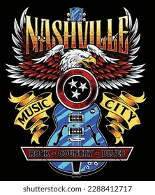 Vintage Retro Nashville Eagle Rock Concert Tee Vector Design. 