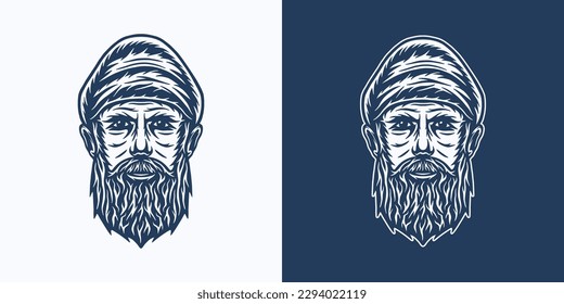 Vintage retro nautical marine adventure element. Old sea man. Can be used for emblem, logo, badge, label. mark, poster or print. Monochrome Engraving Graphic Art.	