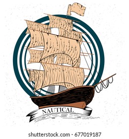 Vintage retro Nautical Voyager Sailboat label design in vector