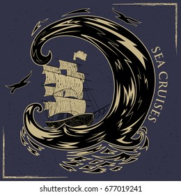 Vintage retro Nautical Voyager Sailboat label design in vector