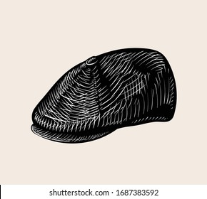 Vintage retro newsboy hat illustration. Classic engraved style vector line art drawing in black and white.