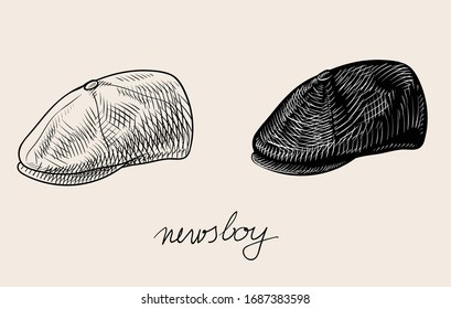 Vintage retro newsboy hat illustration. Classic engraved style vector line art drawing in black and white.