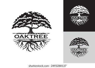 Vintage Retro Oak Tree Logo Design Black and White with Roots for Nature Branding Oak Tree vector logo design template stock illustration, Vector