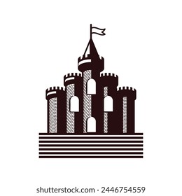 Vintage Retro Old Brick Stone Castle Tower Palace Kingdom with Sunrise Illustration