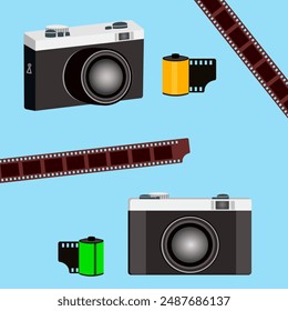 Cámara retro de película antigua de Antiguas con tira de película de 35 mm sobre fondo azul, cámara retro portátil para tomar fotos en los años 90, tecnología de 1990, Ilustración vectorial. 