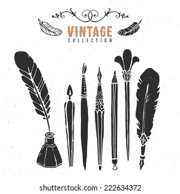 Vintage retro old nib pen brush ink collection. Hand drawn vector illustrations. Vol.1