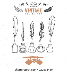 Vintage retro old nib pen feather ink collection. Hand drawn vector illustrations. Vol.8