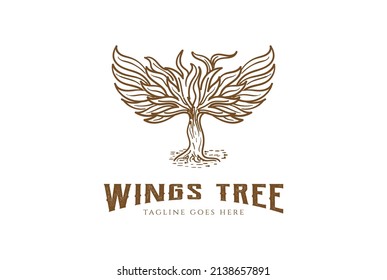 Vintage Retro Old Rustic Wings Tree for Tattoo Logo Design Vector