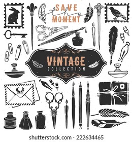 Vintage retro old things writer crafted collection. Hand drawn vector illustrations. Vol.1