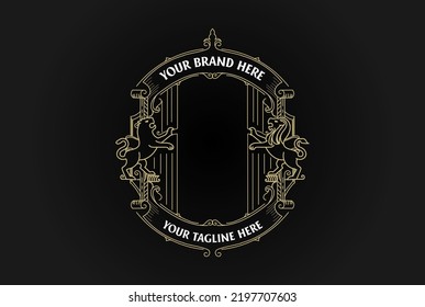 Vintage Retro Ornament Blank Border Frame Royal with Lion and Tiger Badge Emblem Stamp Label Logo Design Vector