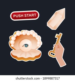 Vintage Retro Pack. Modern Flat Vector Concept Illustrations. Old-fashioned Stone, Pearl with Eye in Shell, Push Start Button, Hand Hold Golden Key. Social Media Ads.