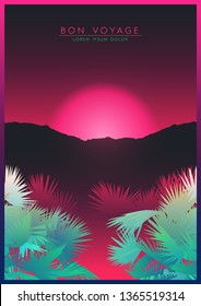 Vintage - retro palm tree and mountain landscape retrowave / 80s inspired elements background template