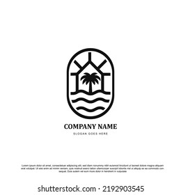 Vintage retro palm tree, wave, house and sunrise logo vector