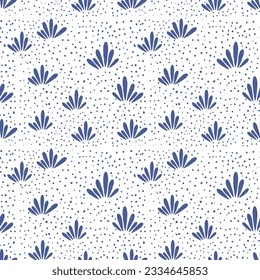 Vintage, retro palmette seamless vector pattern blue flower on blue dotted background