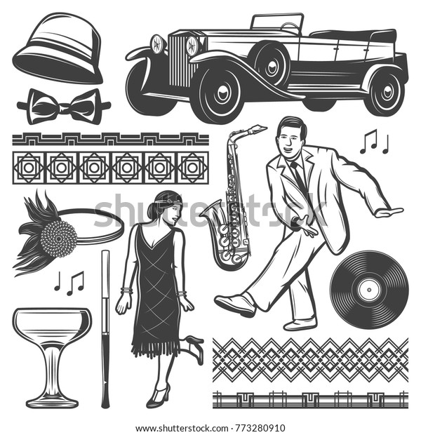 Vintage retro party elements set\
with dancing man woman classic car female headgears mouthpiece\
wineglass vinyl saxophone traceries isolated vector illustration\
