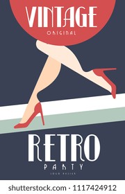 Vintage retro party logo original design, element with female legs in red shoes on high heels for poster, banner, flyer, card, brochure, invitation card vector Illustration