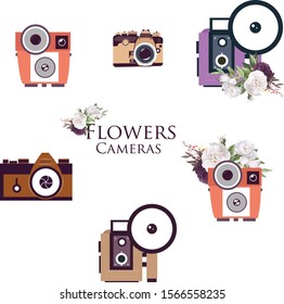 Vintage retro photo camera in flowers,