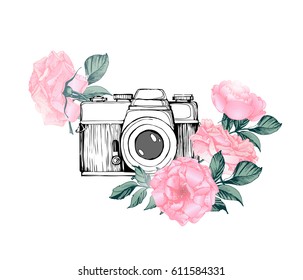 Vintage retro photo camera in flowers, leaves, branches on white background. Hand drawn Vector illustration,