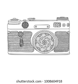 Vintage retro photo camera with leaves pattern on white background. Mandala style design. Adult coloring book. Boho style vector illustration.