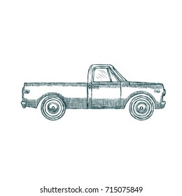 Vintage Retro Pickup Truck isolated on white Background. Vector illustration