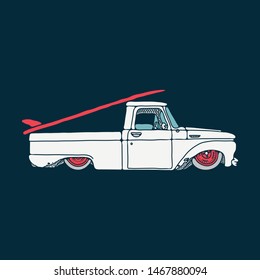 Vintage retro pickup truck with surfboard. Vector illustration