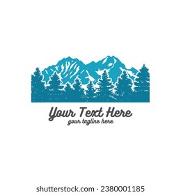 Vintage Retro Pine Cedar Spruce Conifer Coniferous Evergreen Larch Fir Trees Forest with Ice Snow Rock Mountain for Outdoor Adventure Icon Illustration Vector