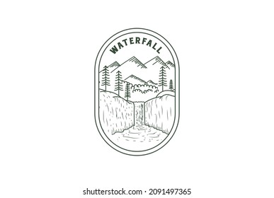 Vintage Retro Pine Evergreen Fir Larch Cypress Conifer Trees Forest with Mountain and Waterfall Badge Emblem Label Logo Design