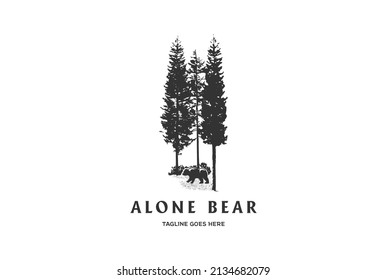 Vintage Retro Pine Spruce Conifer Cedar Cypress Larch Evergreen Fir Trees Forest with Bear for Conservation Logo Design Vector
