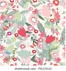 Vintage retro pink jungle flower and leave seamless pattern,tropical botanical woodland style,illustration vector for wedding or valentine card background