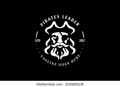 Vintage Retro Pirate Bucaneer Rover Freebooter Captain Head Face Badge Emblem Label Logo Design Vector