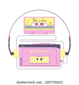 Vintage retro player, headphones and cassette. Isolated on white background. Illustration and design element.