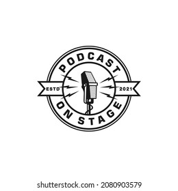 Vintage Retro Podcast Stamp Circle Label Sticker Logo Vector Design template Inspiration idea and Concept