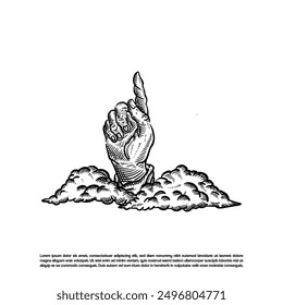 Vintage retro pointing hand in the cloud vector art illustration