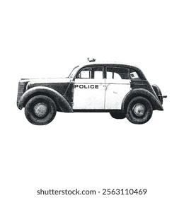 Vintage Retro Police Car isolated on White Background. Distressed, hand drawn, grunge style. Vector Illustration.