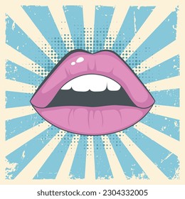 Afiche de estilo cómico de arte pop vintage, retro con labios abiertos.