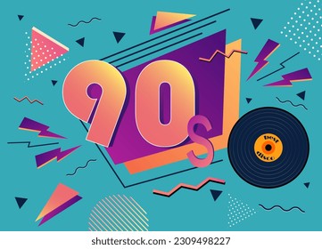 Vintage retro poster from the 90s and 80s. Gramophone record, vintage textures and graphics. Template for events in the style of pop and rock music, advertising, banner and invitation to dance parties