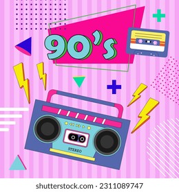 Cartel retro vintage de los años 90 y 80. Grabador de cinta y casetes. Texturas y gráficos antiguos. Plantilla para eventos en estilo de música pop y rock, publicidad, banner y tarjeta de invitación