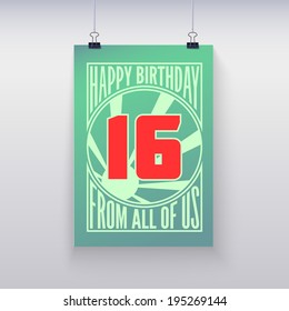 Vintage retro poster. Birthday greeting, sixteen years, vector banner.