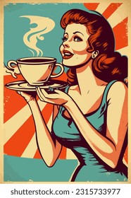 Vintage retro poster, woman with coffee cup. Advertising poster 50s, 60s, coffee sale. Grunge poster. Vector svg