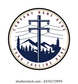 Vintage Retro Power Pole with Mountain Forest Badge Emblem Label Design. Vector Illustration