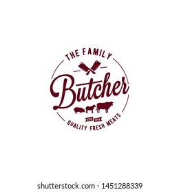 Vintage Retro Premium Meat Butcher shop label logo design with Butchery crossed cleaver knifes, lamb, pork and angus beef