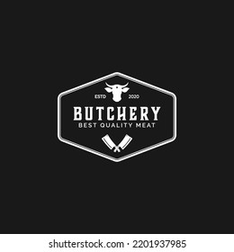 Vintage Retro Premium Meat Butcher Shop Logo with Butchery Crossed Cleaver Knife and Head Cow Bull